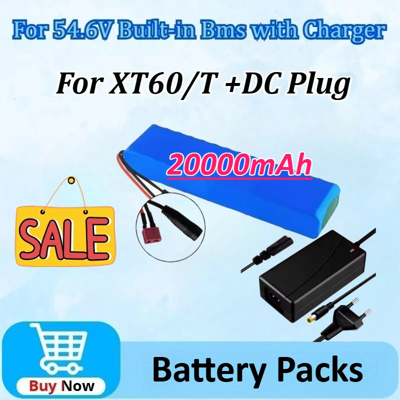 

New 18650 48V 20Ah 13S2P Lithium Battery Packs for 54.6V Built-in Bms with Charger for XT60/T +DC Plug High Power Battery