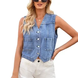 Women Double Pocket Splice Denim Waistcoat V Neck Sleeveless Single-breasted Cardigan Short Jackets Vest Female Trend Streetwear