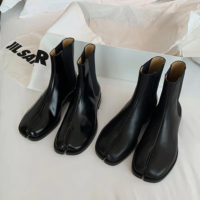 British Style Ankle Boots For Women Split Toe Stretch Solid Color Mid Heel Patent Leather Matte Round Toe Female Shoes Concise