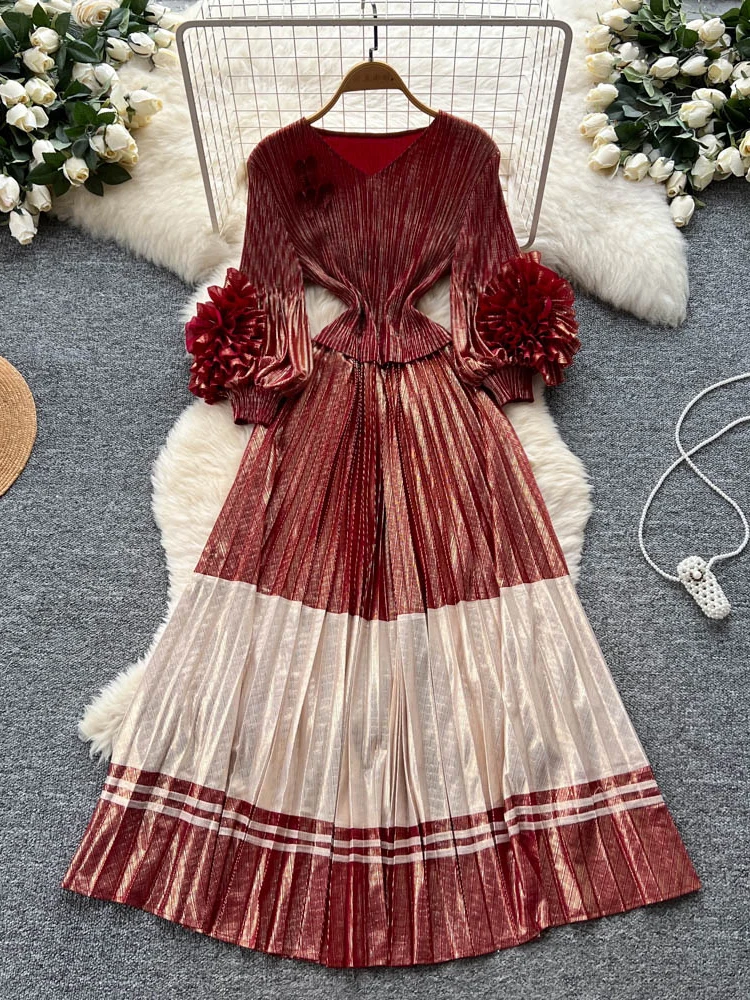 레트로 브이넥 롱 드레스 여성 가을 디자인 감각적인 입체 꽃 랜턴 소매 하이웨이스트 플리츠 A라인 드레스