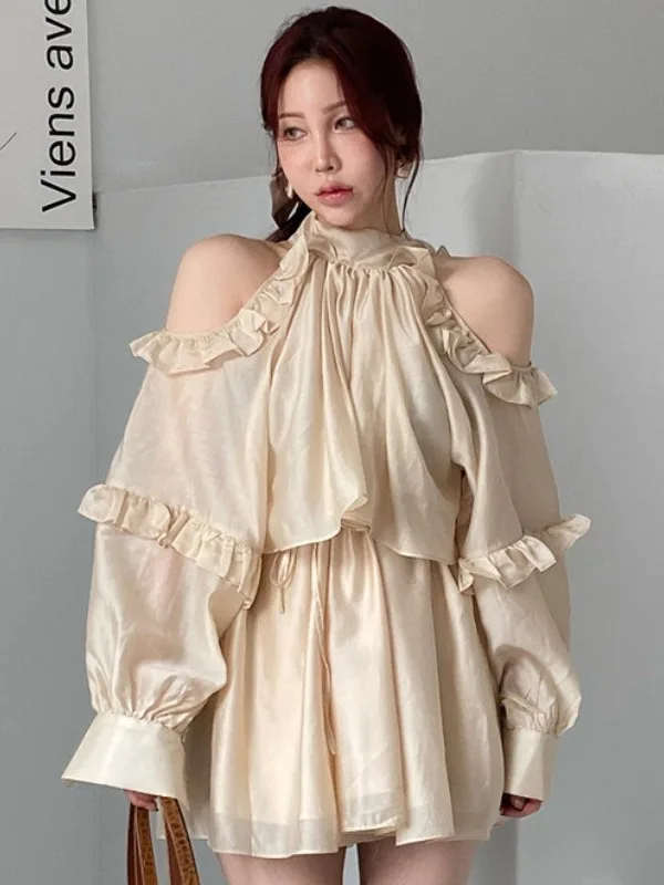 Vestido curto e com ombro à mostra, dongda gate ins, exclusivo, borboleta, nó, borda, vestido de férias, f, cor...