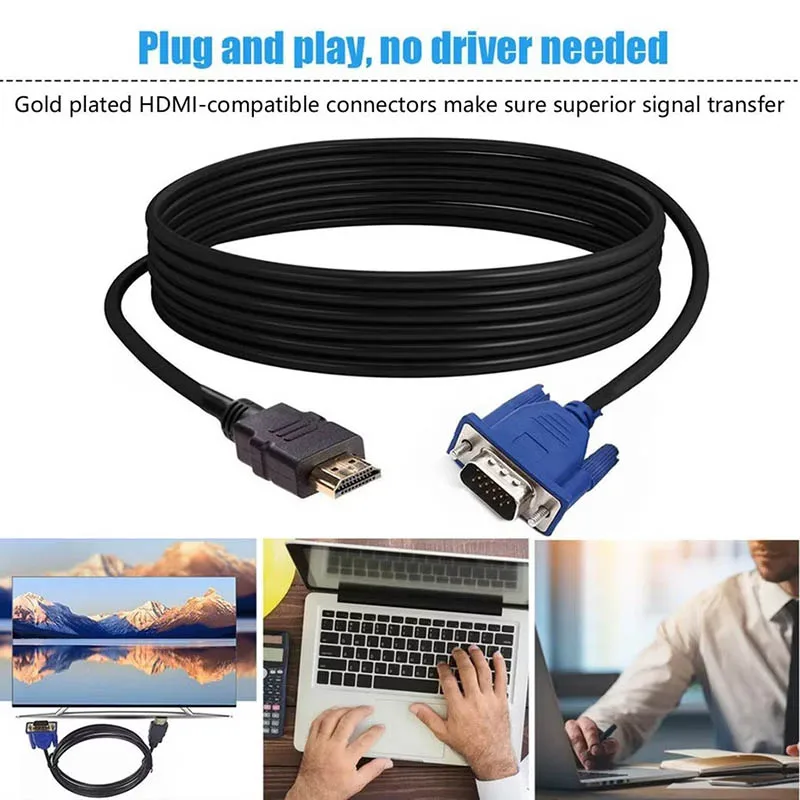 【Pengiriman Cepat】HD 1080P HDMI ke Adaptor Kabel VGA 1M/1.8M/3M Konverter Video Definisi Tinggi untuk Monitor Proyektor Laptop PC TV