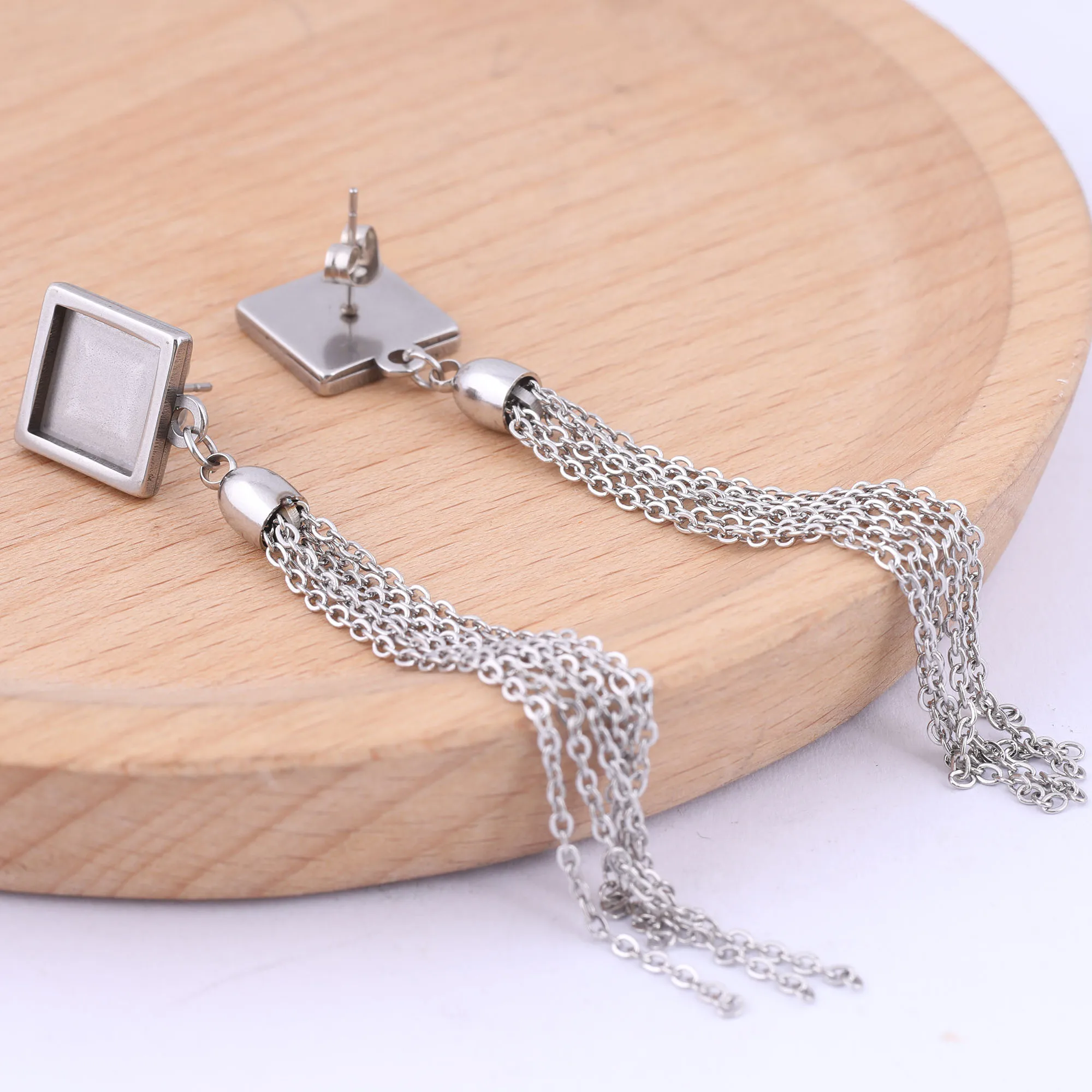 Praça Cabochon Brinco Stud Base Configurações, aço inoxidável Tassel Charms, brincos DIY, fazendo materiais, se Fits 10mm, 6Pcs