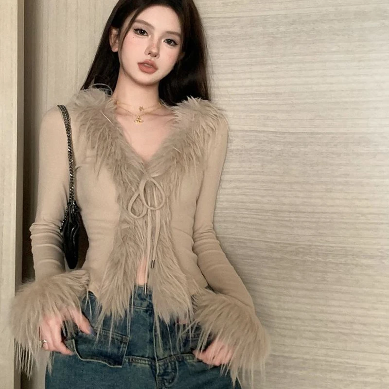 Korean Style Winter Hot Girl Furry V-neck Long Sleeved Irregular Slim Fit Short Sweater Cardigan Pure Desire Sexy Jacket