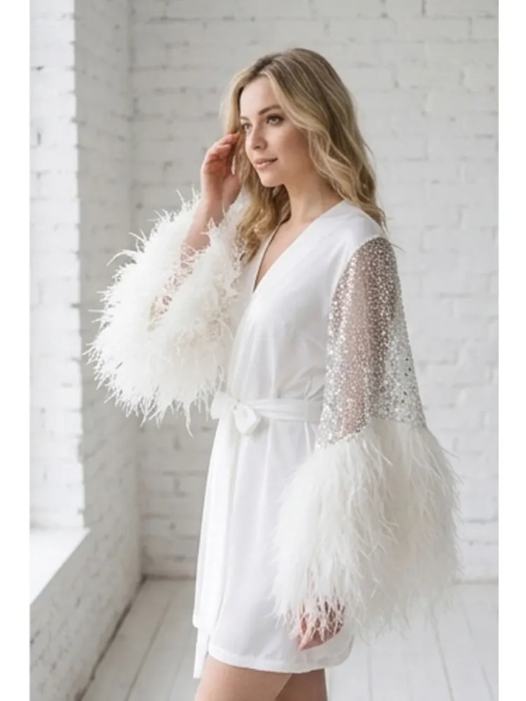 Luxury Bridal Robe Feather Sequins Sleeves Robes Silk Wedding Day Boudoir Bridal Lingerie Dressing Gown Short Bathrobe for Women
