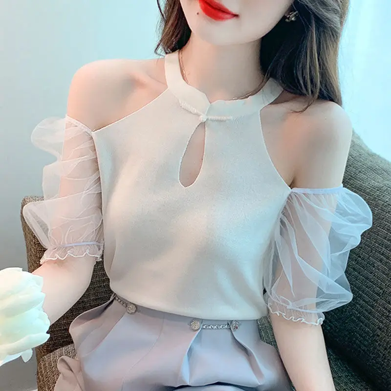 Fashion Mesh Spliced Solid Off Shoulder Tops Women\'s Clothing Summer Female Trend Sexy Hollow Out Slim Short Sleeve T-shirt