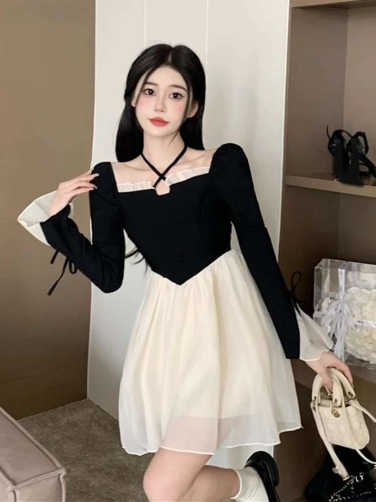 Criss-cross Dresses Women Slim A-line Daily Spring Autumn Fairycore Lounge Halter Puff Sleeve Sweet Elegant Fashion Exquisite