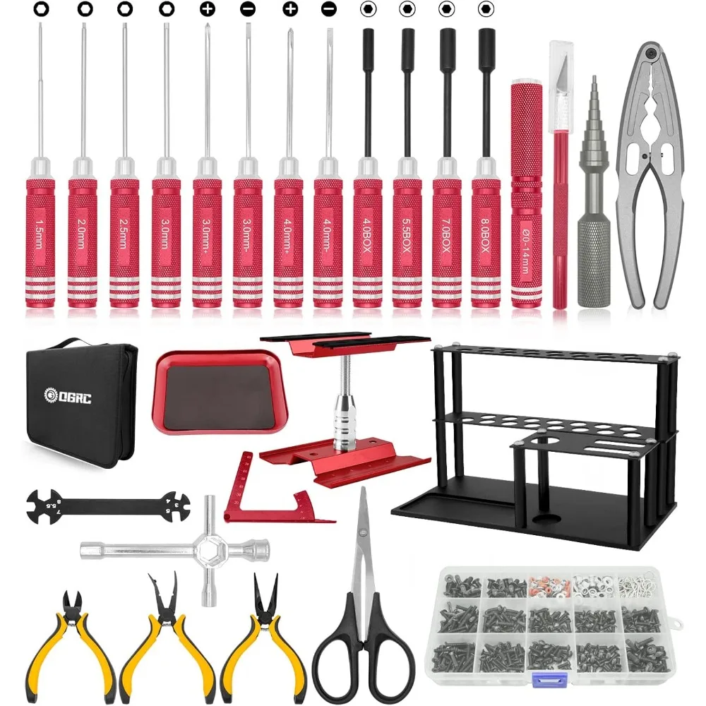 RC 공구 세트 드라이버 세트 (플랫, 필립스, 헥스) 금속 홀더, RC 작업대, 522PCS 나사 세트, 플라이어 세트, 바디 리머, 렌치