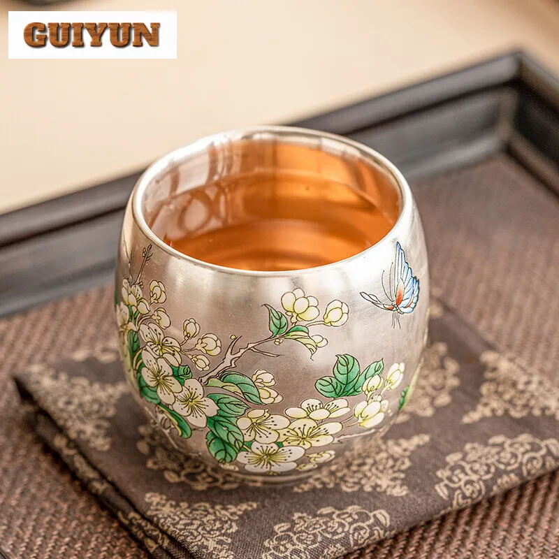 120ml Hand Painted Sakura Ceramic Teacup Handmade 999 Gilded Silver Master Cup Personal Meditation Mug Coffee Mug Kung Fu Teaset