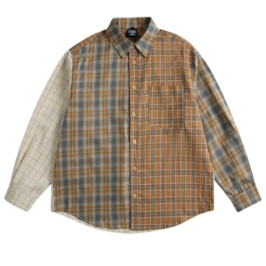 

Vintage Patchwork Plaid Shirts Mens Streetwear Harajuku Long Sleeve Shirt for Men Loose Casual Cotton Cargo Blouse Coats Top