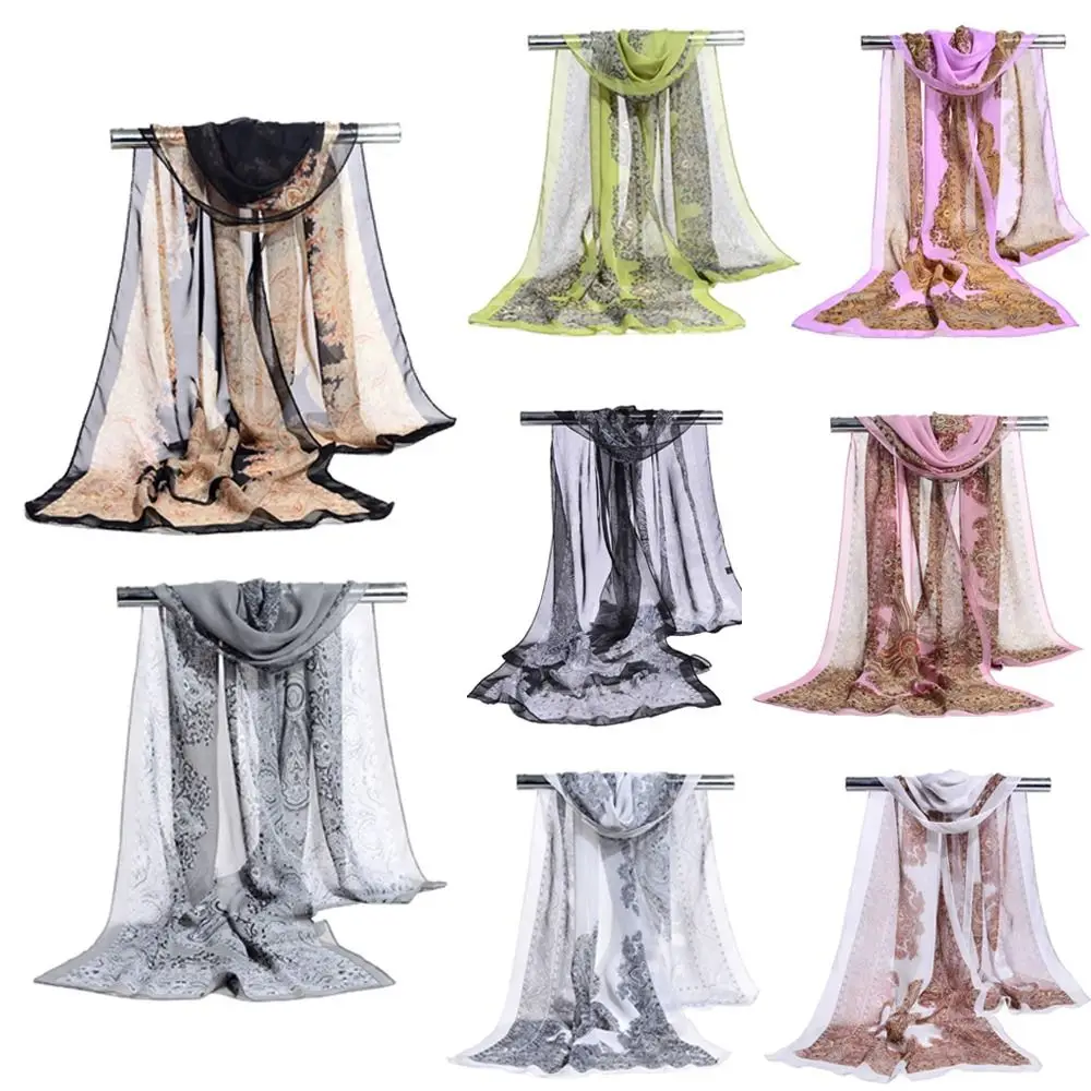 Elegant 160*50cm Chiffon Scarf Sunscreen Floral Long Wrap Shawl Gradient Washable Beach Gauze Scarf for Women
