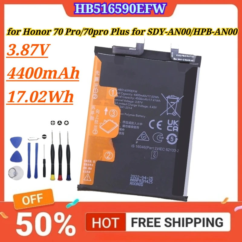 3.87V 4400mAh 17.02Wh HB516590EFW Battery for Honor 70 Pro 70pro Plus for SDY-AN00/HPB-AN00 Phone Batteries + Free Tools