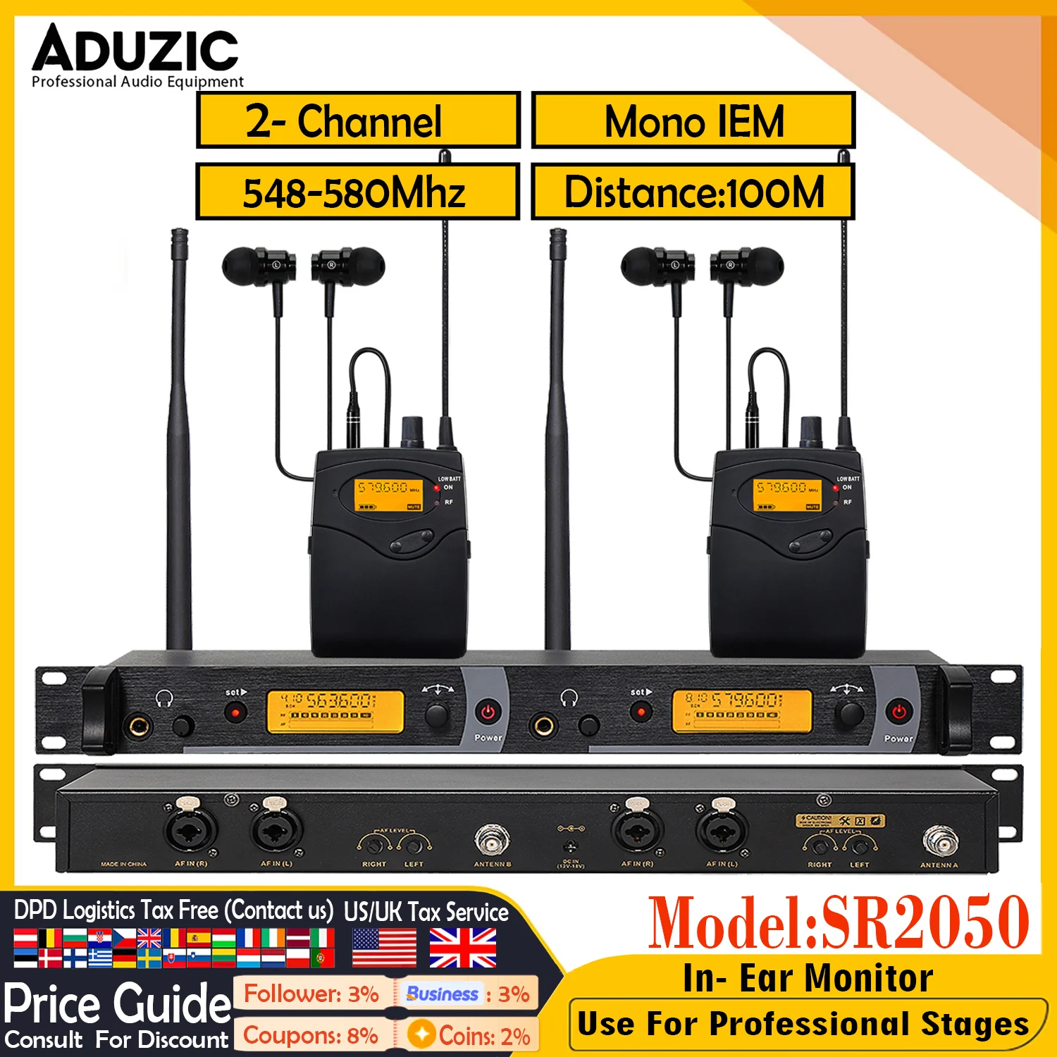 aduzic-sr2050-sistema-di-monitoraggio-in-ear-wireless-a-2-canali-iem-mono-con-segnale-stabile-di-100m-per-performance-sul-palco