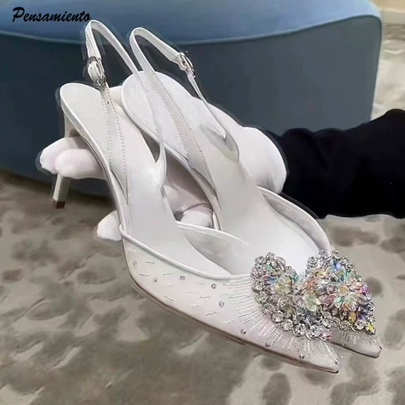 

Spring and summer new pointed lace mesh crystal wedding shoes banquet dress rhinestone stiletto high-heeled women's sandals