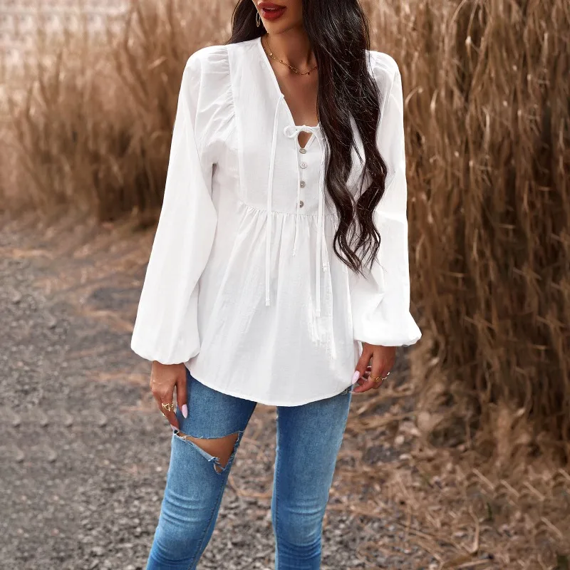 

2023 Autumn Winter New Blouse Tops Women's's Solid Loose Pleated Stitching Button Shirt Women's Fashion Puff Sleeve V-neck Shirt