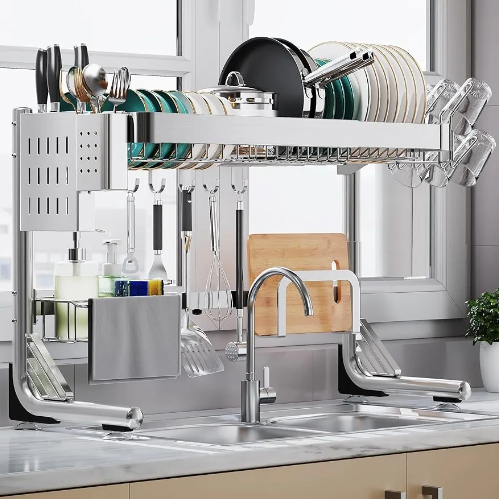 

Over The Sink Dish Drainer Drying Rack, 2-Tier Over Sink Dish Drying Rack Stainless Steel Adjustable Dish Drying Rack Over