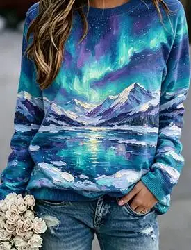 Women's Oil Painting Sweatshirt Purple Lavender Sunset Landscape Print Long Sleeve Top