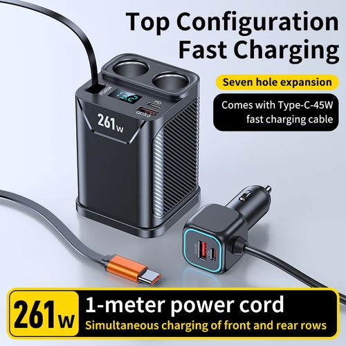 Imagen 2 del producto Adaptador de encendedor de cigarrillos 7 en 1, portavasos, adaptador de cargador de coche de 261W con carga PD45W, voltímetro LED de encendedor de cigarrillos de 24V/12V