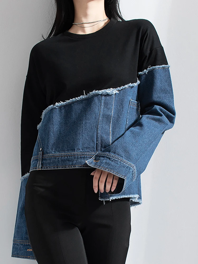 TWOTWINSTYLE streetwear Asymmetrical sweatshirt for women round neck long sleeve patchwork denim colorblock sweatshirts females