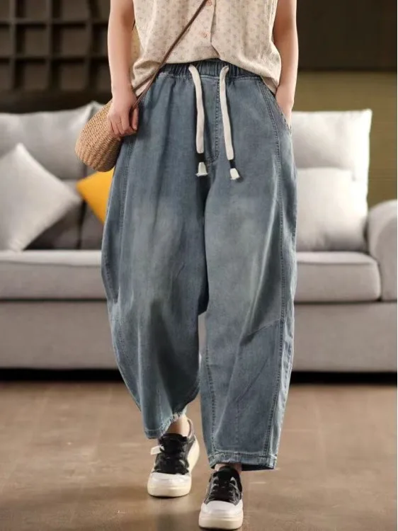 

Хлопковые джинсовые брюки Харлан в стиле ретро, женские повседневные художественные длинные брюки с 3D мозаикой и высокой талией, широкие летние тонкие брюки