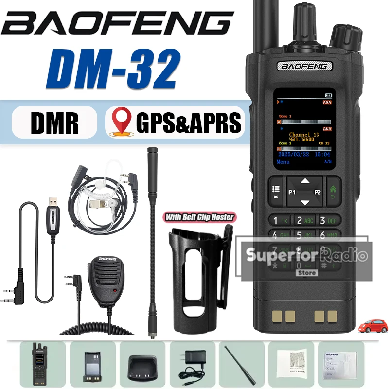 Baofeng DM-32 DMR Digital Walkie Talkie With Belt Clip Hoster GPS APRS High Power Long Range Dual Time Slot AES256 Type-C Charge