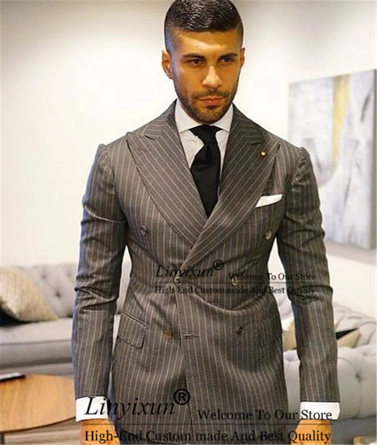 

Classic Stripe Men's Slim Fit Suits Grey 2 Piece Groomsman Wedding Tuxedo Formal Business Best Man Blazer Sets Jacket Pants