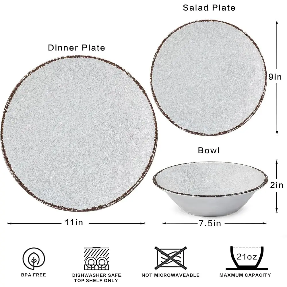 Rustic White Melamine Dinnerware Set for 4, Suitable for RV and Camping, Dishwasher Safe