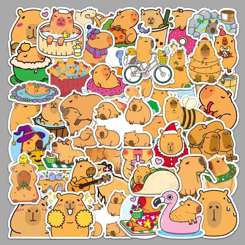 50pcs Capybara Sticker Waterproof PVC Cute Capybara Graffiti Sticker Water Bottle Laptop Mobile Phone Case Luggage Decor Sticker