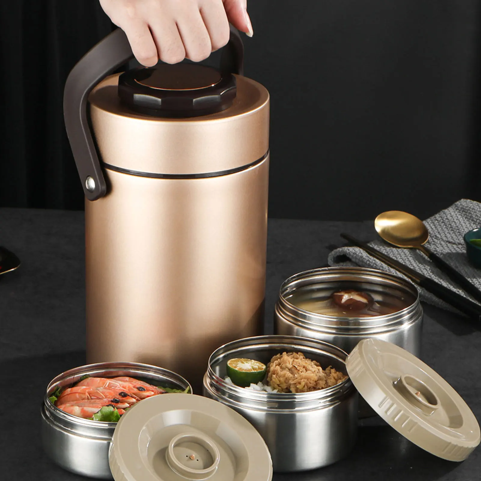 2000ml 304 Stainless Steel Vacuum Insulation Lunch Box Portable 3 Layer Vacuum Insulated Barrel