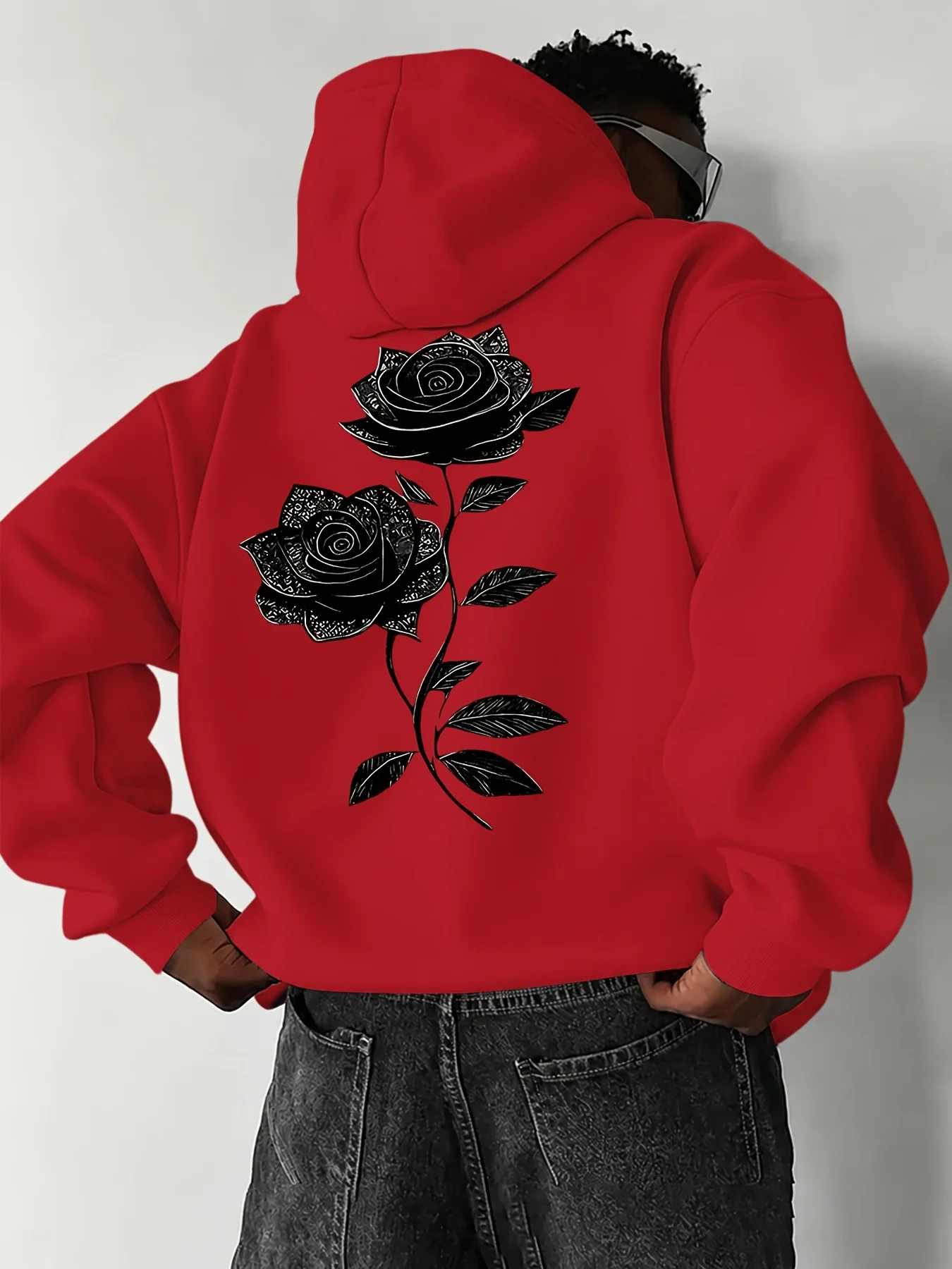 Retro black rose print men's hooded sweatshirt - Dark Gothic street sporty casual trend - Soft, loose, comfortable hooded shirt