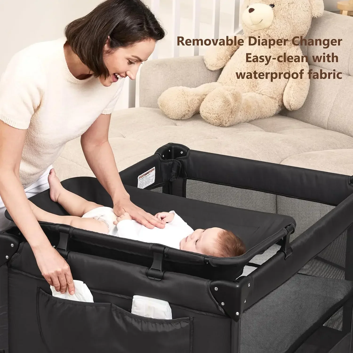 Baby Bedside Bassinet Pack Play Mattress Diaper Changer One Push Setup Playards Infants Toddlers