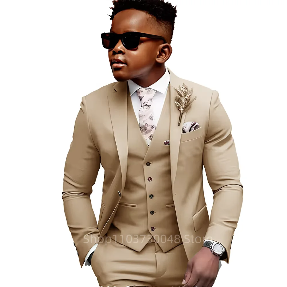 Khaki 3 Piece Set Tuxedo for Boys Wedding Formal Classic Children's Outfit with Jacket Pants Vest Custom Slim Fit for 2-18 Years