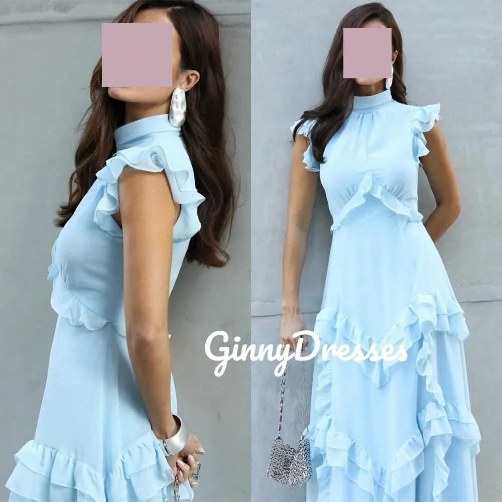 

Luxury Evening Dresses Customize Scoop Neckline A-Line Ruffle Floor-Length Dresses For Special Events Blue Zipper Up Sleeveless