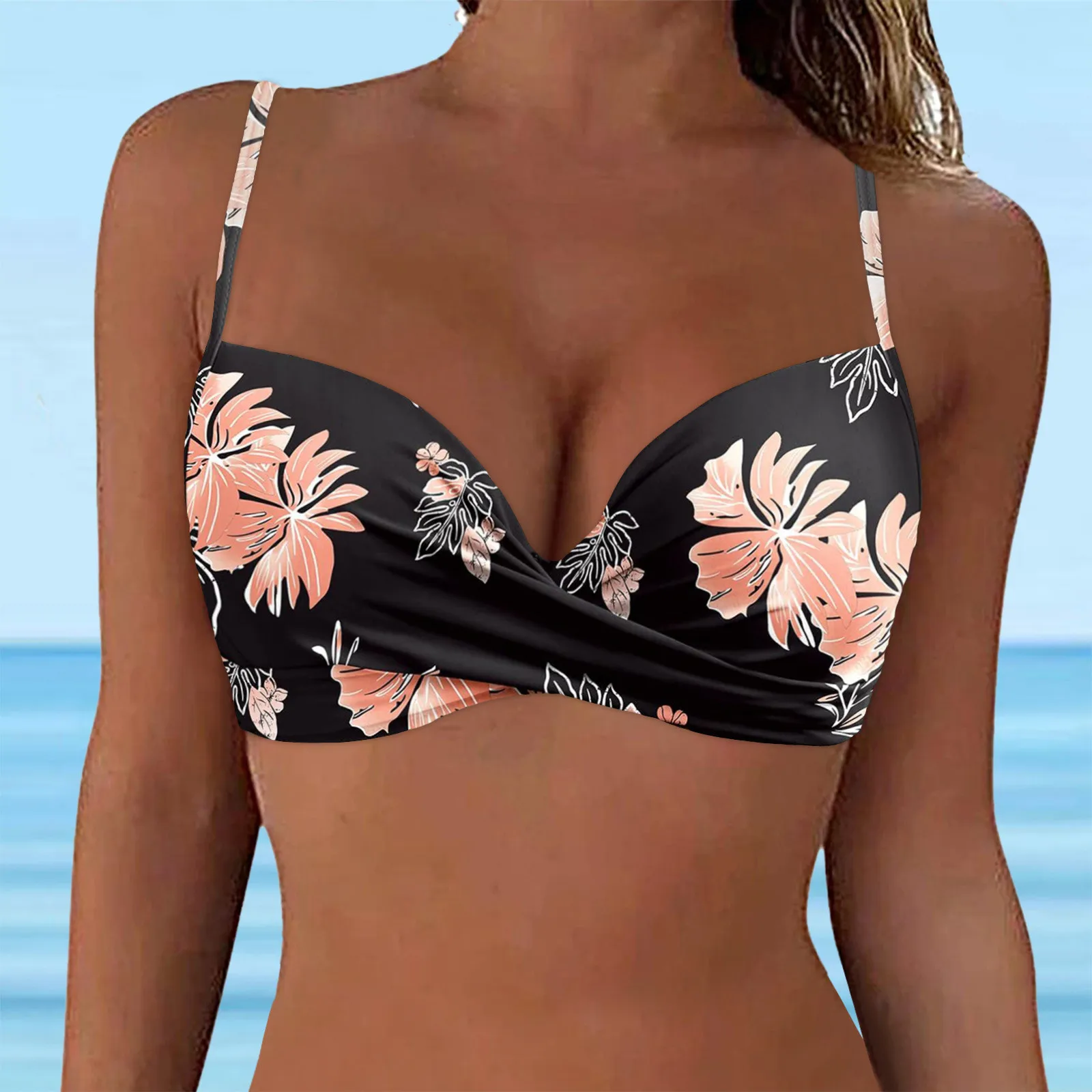 2024 Womens Sexy Push Up Bikini Tops Floral Swimwear Tops Underwire Full Coverage Bikini Top Push Up Crop Top Tie Back Tops