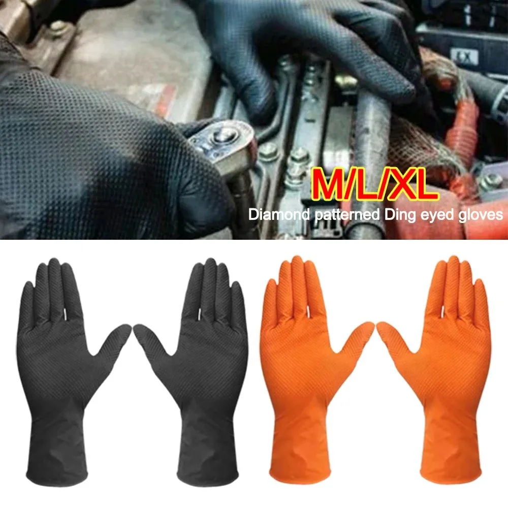 10pcs Heavy Duty Nitrile Gloves Orange Black with Diamond Textured Safety Gloves Waterproof Antiskid Disposable Gloves