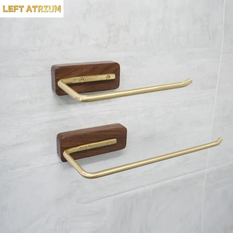 solid-wood-brass-creative-roll-holder-bathroom-golden-paper-towel-holder-punch-free-kitchen-storage-black-walnut-storage-rack