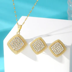 Hot Stainless Steel Chain Rhinestone Heart Beans Pea Pendant Necklace Stud Earrings Fashion Jewelry Sets For Women Accessories