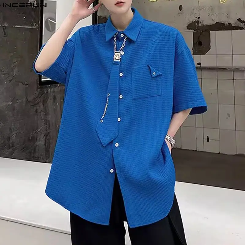 INCERUN الرجال قميص بلون التلبيب كم قصير زر ملابس الرجال عادية مع التعادل الشارع الشهير فضفاض بلوزات على الموضة الذكور القمصان #2