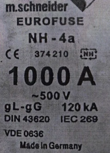 Fuses: m.schneider NH00/000 16A 500V gG 370716 / NH-4a 1000A 500V 120KA gG 374210