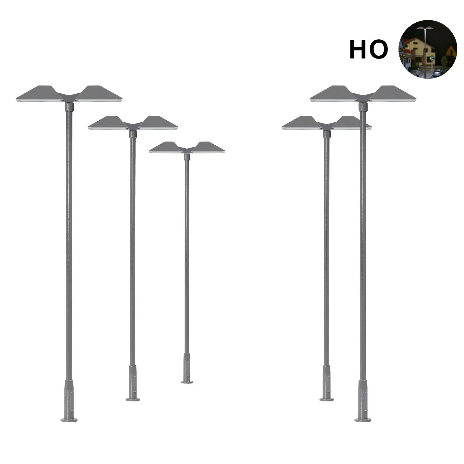 LD02HOWMGr 5pcs Model Trains HO Scale 1:87 Metal Lamp Street Lights Warm White LEDs Two-heads Evemodel