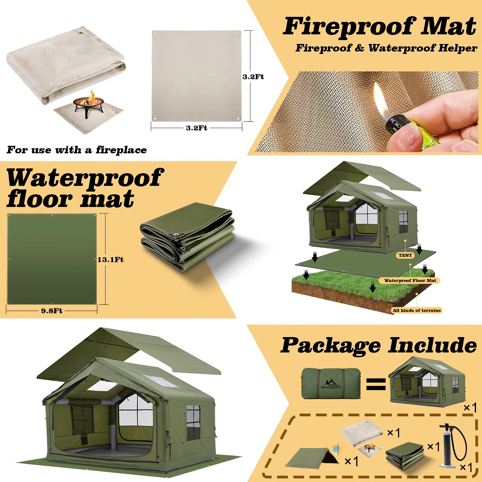 SENLEETO 3-4 Person Inflatable Camping Tent Set for Family with Waterproof Canopy/Rain fly,Easy Setup Blow up Tent with Skylight&Mesh Window,Outdoor Camping Tent House with Stove Jack AC Vent