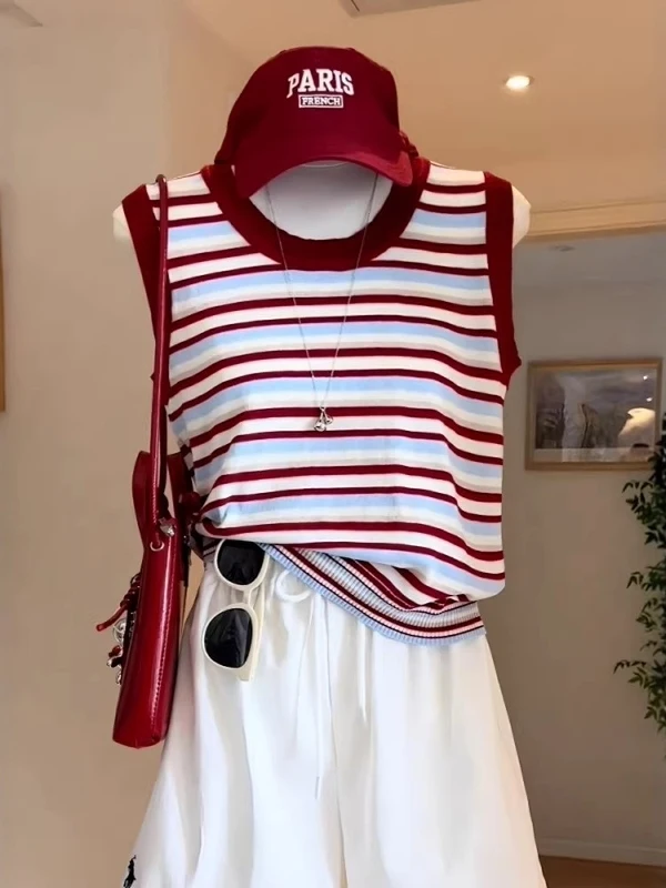 plus Size Women's Red Striped Sleeveless Knitted Tank Top Summer Slimming Innerwear Outerwear Beautiful Back Vest