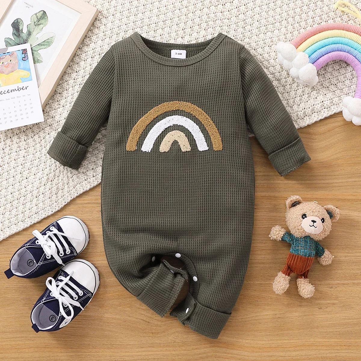PatPat Baby Boy Rainbow Embroidered Long-sleeve Waffle Jumpsuit Soft and Comfortable Perfect for Outings and Daily Wear