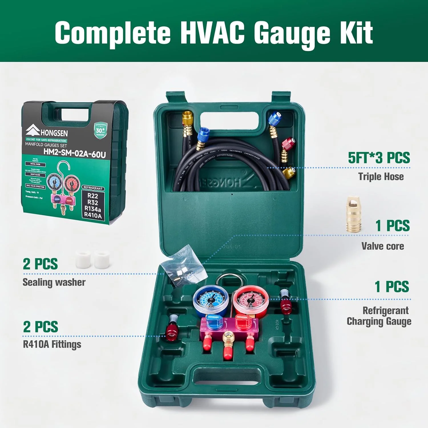 Hongsen SM-02A Gauge Fluorine Charging Set for Cars And Home Use Compatible with R410A R32 R22 R134a Automotive Maintenance Tool