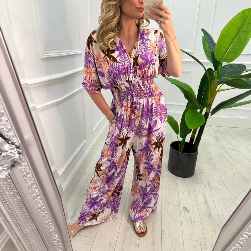 

Summer Pattern Printed Elastic Waist Slim Romper Fashion V-neck Short Sleeved Pleated Romper Casual Pocket Long Pants Playsuits