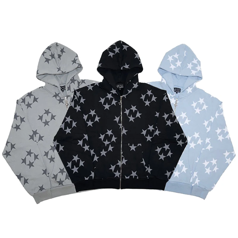 Fairy Grunge Men Long Sleeve Vintage Star Graphic Zip Hoodie Jacket Loose Streetwear Y2K Clothes Pullover Autumn Sweatshirts