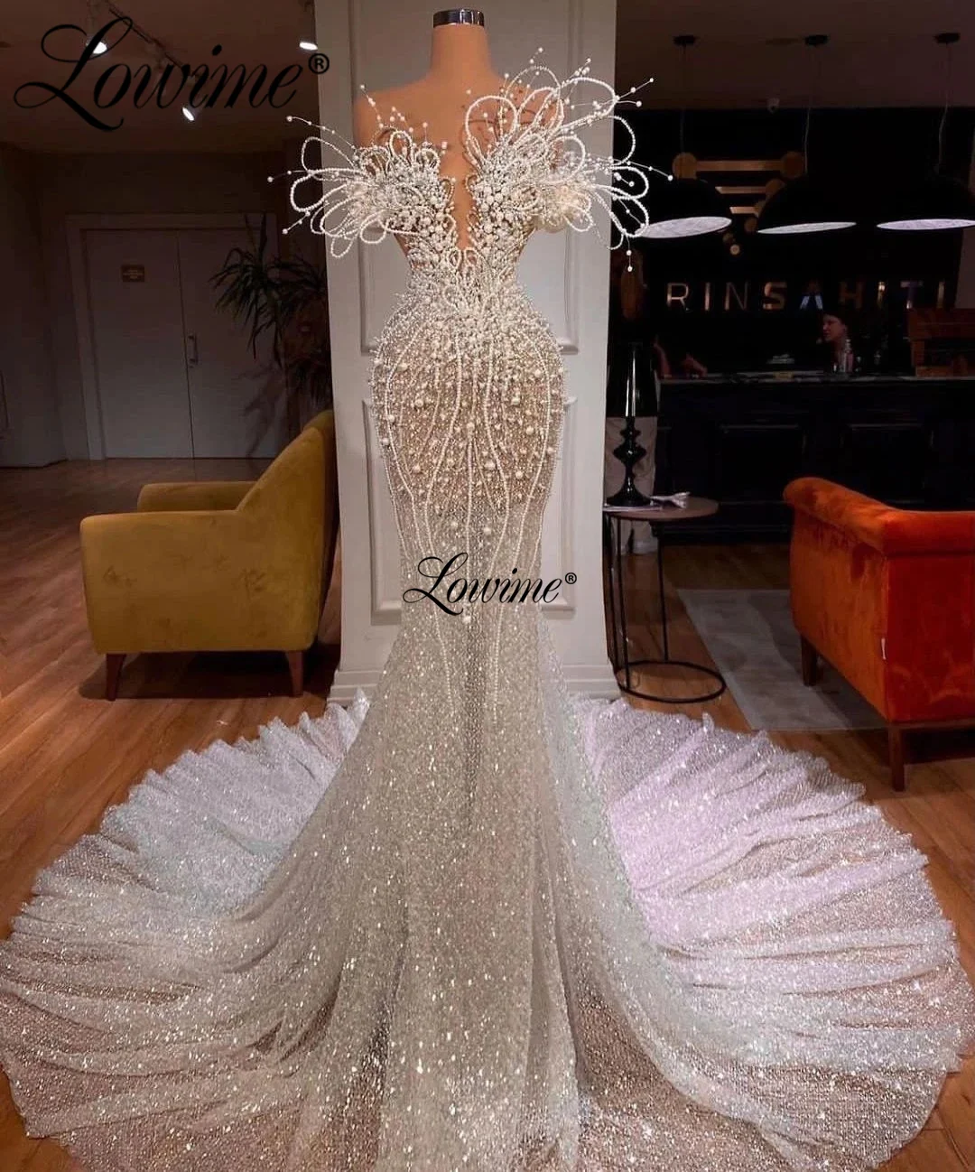 Lowime Exquisite Heavy Beaded Evening Dresses Beading Pearls Long Party Dress For Weddings Round Train Celebrity Prom Gowns 2023