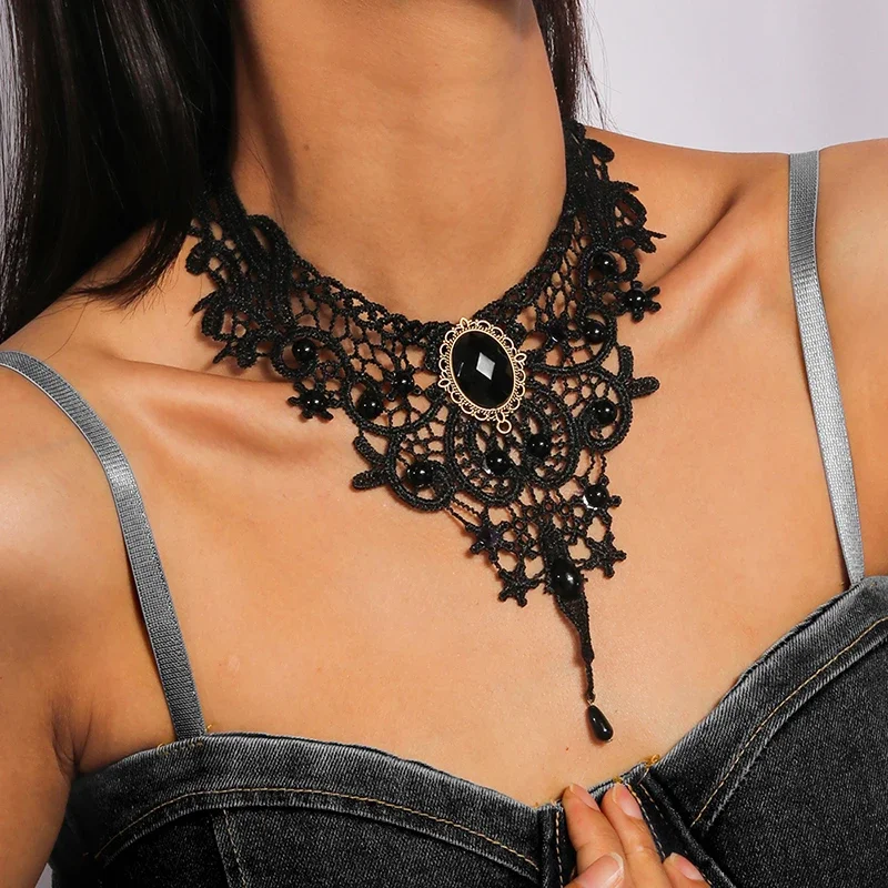 New Trendy Gothic Victorian Black Lace Necklace for Women Water Drop Lace Choker Necklace Steampunk Collar Vintage Jewelry