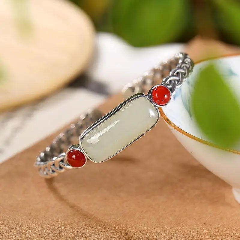 Natural Natural Hotan Jade Southern Red Tourmaline retro creative bracelet for women open bangles Original silver jewelry