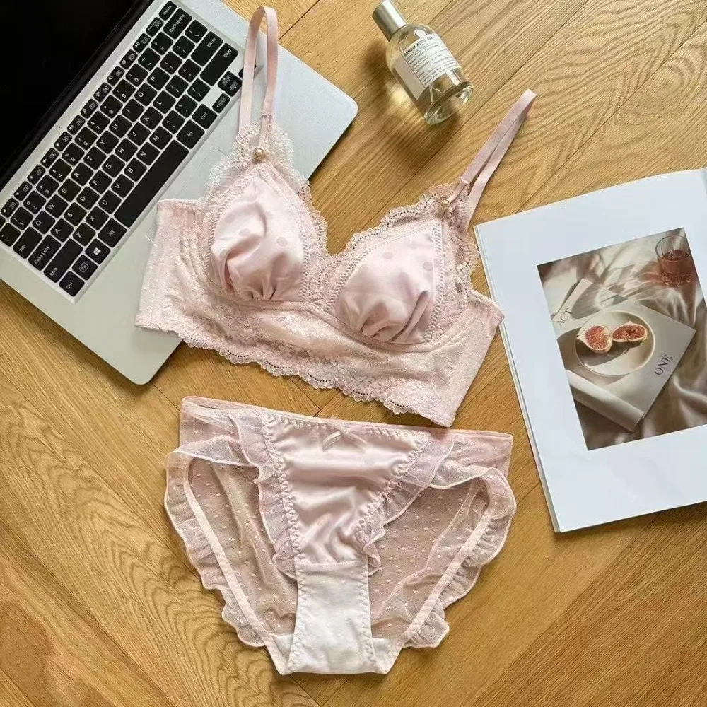 YUQI French Triangle Lace 2Pcs Underwear Set Women Thin Cup Minimizer Bra Large Bust Support Anti Sag Light Summer Comfort S-XL